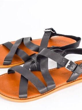 Toms Sicily Flat Sandals Black Leather 7.5 Comfort Strappy Buckle Criss Cross